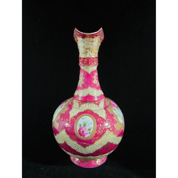 Antique Victorian Style Hand-Painted Porcelain Pitcher, Vase W/ Gold Gilding & F - Picture 8 of 10